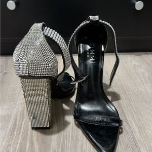 Black and Silver Crystal Block Heel Sandals